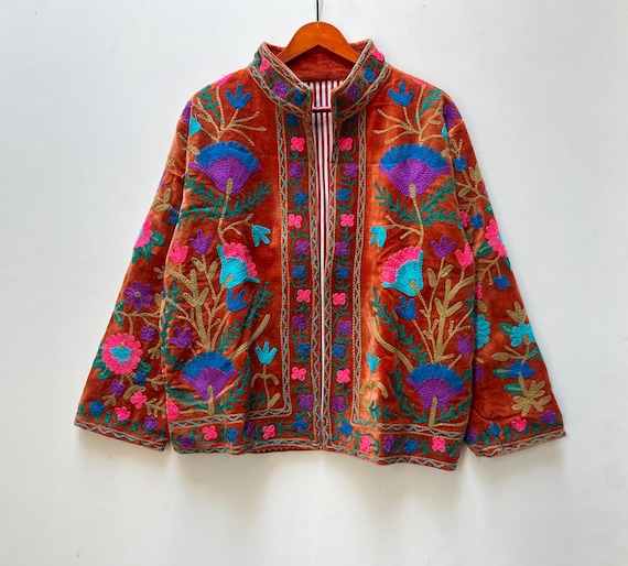 Handmade Suzani Velvet Jacket: Embroidered Floral Women's Coat