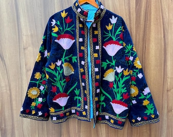 Hand Embroidered Suzani Velvet Jacket: Indian Kantha Quilt Coat