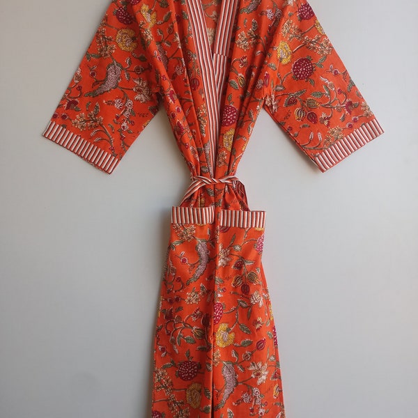 Jaipuri Kimono!! Cotton Handmade Kimono Robe, Women Long Bohemian Hippie Bathrobe Kimono Dress Gown Tops Floral Printed Light Weight Shirt