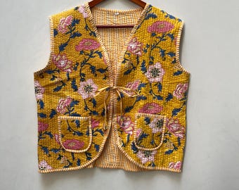 Handmade Block Print Cotton Quilted Vest: Bohemian Floral Jacket