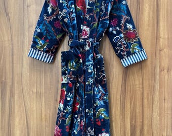 Peignoir kimono en velours fleuri bleu, manteau en velours de coton fait main