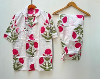 Conjunto de pijama de algodón floral: pijama indio hecho a mano
