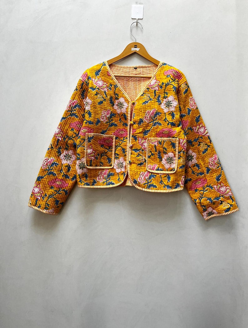 Cotton Women's Quilted Jacket Block Printed Boho Style Quilted Handmade