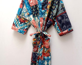 Kimono en coton imprimé patch indien, robes pour femmes robe de chambre indienne unisexe Blockprint Beach Cover ups cadeaux de demoiselle d'honneur Bathroab