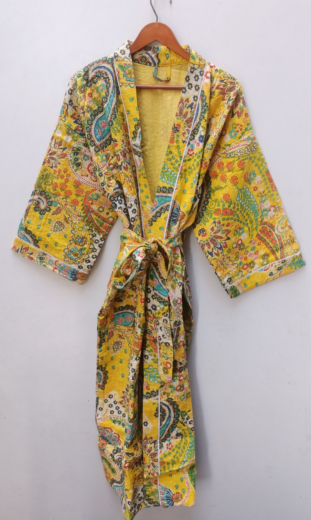 Cotton Paisley Printed Women Wear Beach Robe Kantha Quilted Kimono
