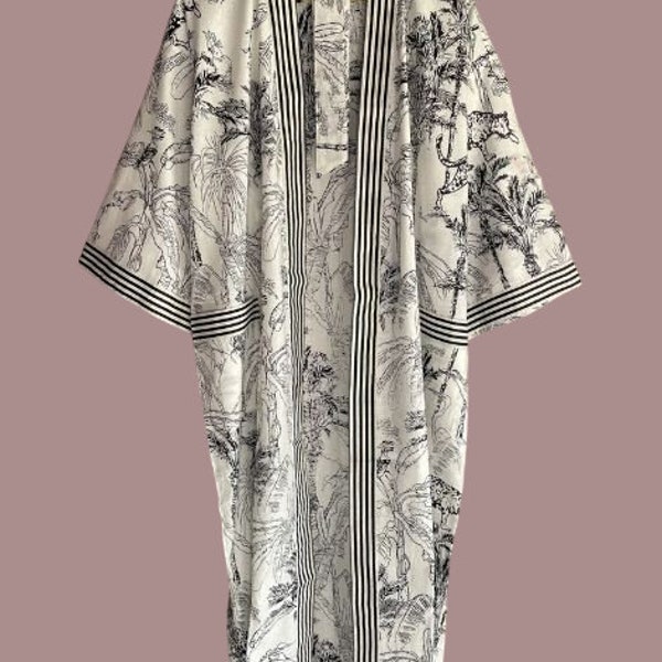 Cotton Kimono Robe Dressing Gown, Block Print Bridesmaid Robe, Summer Nightwear, Bridal Shower Robe, Soft Lightweight Cotton Kimono Robe,