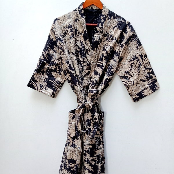 Veste matelassée à imprimé floral Robe faite à la main, Robe Kantha en coton, Peignoir Kantha, Kimono et veste pour femmes, Cadeau pour elle, Veste de nuit, Robe d’hiver