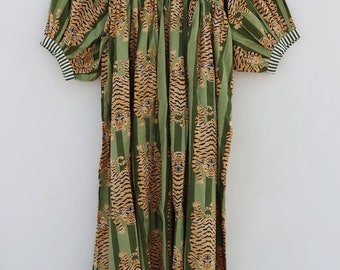 Cotton Tiger Print Midi Dress: Block Print Deep Neck