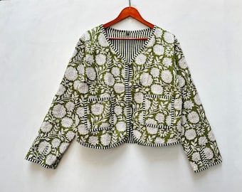 Hand Block Print Quilted Kimono Jacket: Indian Floral Cotton Coat