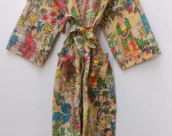 Handmade Jaipuri Kantha Quilt Kimono Jacket: Boho Floral Print