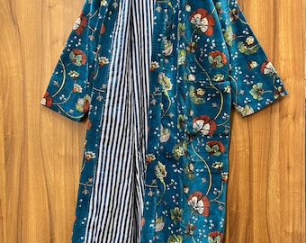 Floral Print Velvet Kimono Robe: Cotton Velvet Jacket