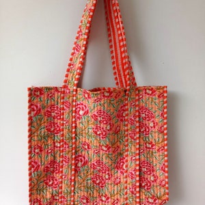 Quilted Cotton Handprinted Reversible Large multicolor Floral Tote Bag Eco friendly Sustainable Sturdy Grocery Shopping Handmade Boho bag