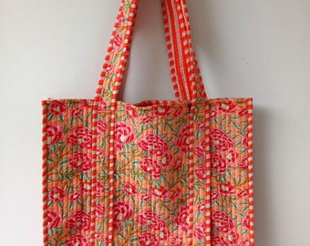 Quilted Cotton Handprinted Reversible Large multicolor Floral Tote Bag Eco friendly Sustainable Sturdy Grocery Shopping Handmade Boho bag