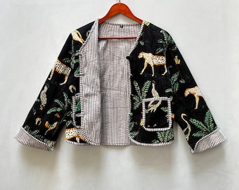 Tiger Jungle Print Quilted Jacket: Handmade Block Printed Cotton Coat