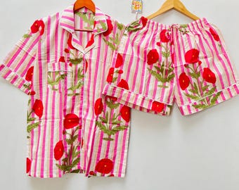 Botanical Print Cotton Pajama Set: Short Sleeve Two-Piece PJs