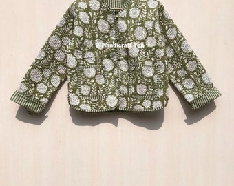 Hand Block Indian Print Fabric Quilted Jacket Short kimono Women Wear New Style white Flower Coat gift for her Short Jacket