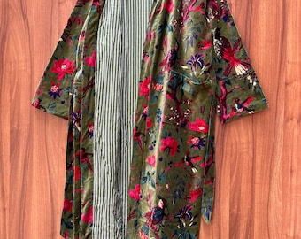 Handmade Cotton Velvet Kimono Robe: Floral Print Bridal Jacket