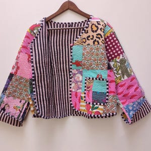 Giacca in cotone trapuntato patchwork, cappotto reversibile boho con stampa a blocchi