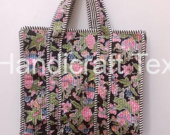 Handmade Cotton Quilted Tote Bag: Floral Print Market Bag
