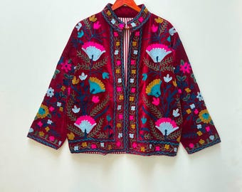 Handmade Suzani Embroidered Velvet Jacket: Bohemian Festival Coat