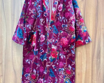 Peignoir kimono en velours fleuri bordeaux, manteau en velours de coton, cadeau de Noël