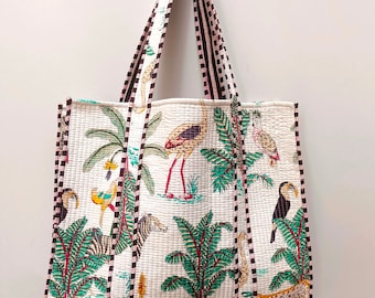 Vintage Indian Block Print Cotton Tote Bag: Quilted Floral Travel Bag
