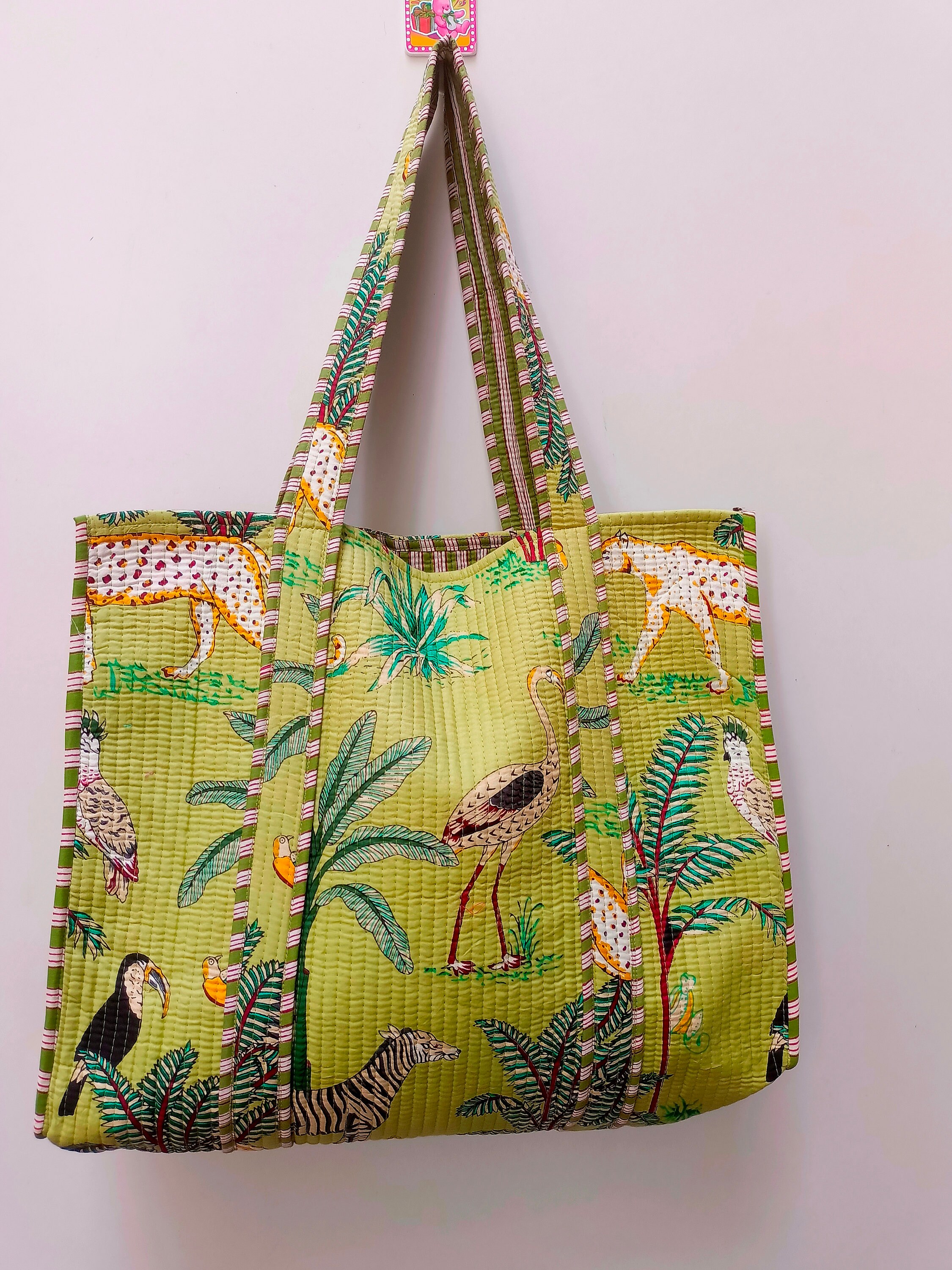 Jungle Print Cotton Quilted Market Bag, Handmade Quilted