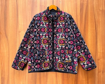 Handmade Cotton Velvet Quilted Jacket: Indian Block Print Boho