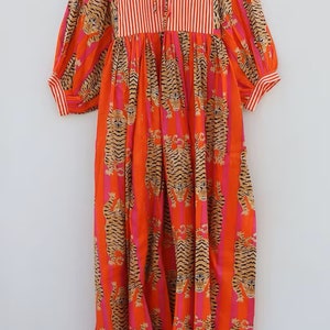 Orange Stripes Tiger Midi Dress, Mini Dress, Long Block Print Dress, Deep Neck with string closer