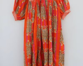 Orange Stripes Tiger Midi Dress, Mini Dress, Long Block Print Dress, Deep Neck with string closer