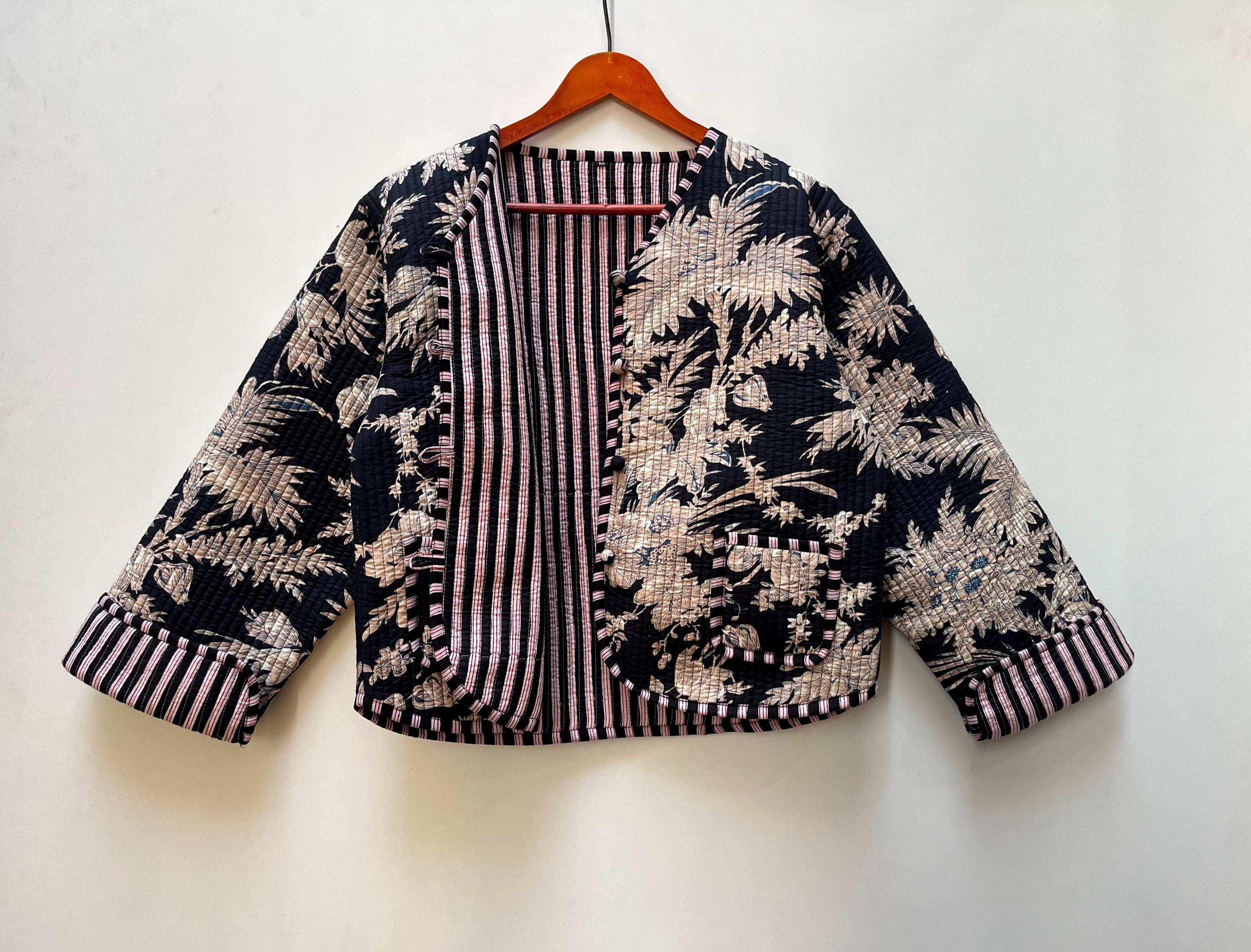 Indian Hand Block Print Fabric Quilted Jacket Short Kimono