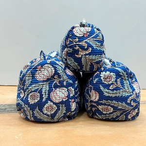 Set di 3 borse per il trucco trapuntate in cotone e organizer, beauty case in cotone, borsa da viaggio, borsa per il trucco con stampa a blocchi indiani / impermeabile