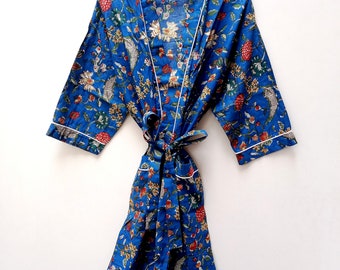 Peignoir kimono en coton indien couleur bleue Kishori imprimé coton kimono robe de nuit maxi coton wrap manteau vêtements d’été pour femmes robe douce Kurti