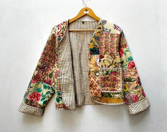 Handmade Cotton Quilted Patchwork Jacket: Bohemian Floral Reversible Coat