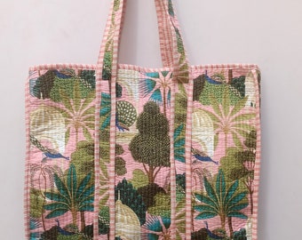 Gesteppte Baumwolle handbedruckt reversibel große mehrfarbige Blumen Einkaufstasche Umweltfreundliche nachhaltige robuste Einkaufstasche handgemachte Boho Tasche