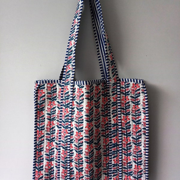 Handmade Quilted Cotton Tote Bag: Block Printed Market Bag