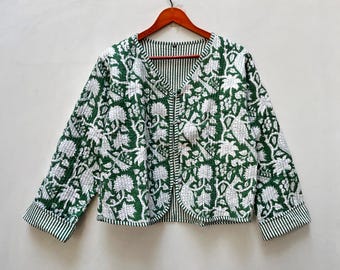 Giacca trapuntata in cotone con stampa a blocchi: cappotto da donna fatto a mano in stile boho