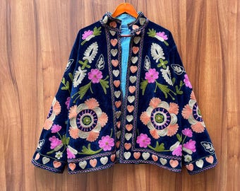 Handmade Velvet Suzani Embroidery Jacket: Women's Winter Coat