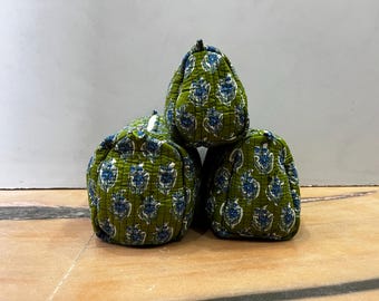 Handmade Block Print Cotton Wash Bag Set: Quilted Toiletry Travel Accessory