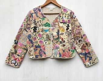 Handgemachte Gesteppte Patchwork Jacke aus Baumwolle: Boho Floral Wendemantel