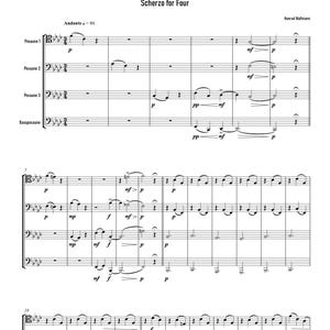 Op de afbeelding: Muziekpartituur voor "Scherzo for Four" van Konrad Wallmann. De bladmuziek is geschreven voor vier trombones, met noten en muzieksymbolen op een witte achtergrond. Het tempo is aangegeven als Andante op 86 slagen per minuut.