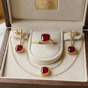 May include: A jewelry set featuring a gold ring, necklace, and earrings, each adorned with a large, square, red gemstone. The set is displayed inside a wooden jewelry box with a cream-colored interior, showcasing the elegant design.