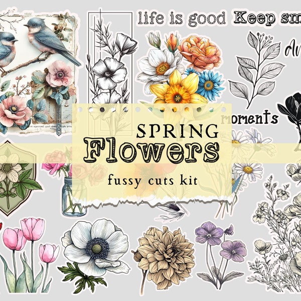 Spring Flowers Fussy Cuts, Digital Printables, Ephemera, Journal Pages, Craft Kit, Shabbydabbydoodah, Vintage Printables, PDF file