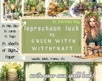 Green Witch vs. Leprechaun Luck, Stunning Grimoire Junk Journal Kit - DIY Scrapbooking, Magical, cute, Beginner Green Witch, St. Patrick Day