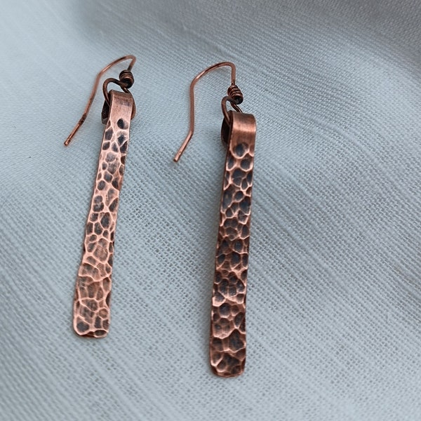 Handmade distressed copper pendant earrings. Artisan boho earrings. Long earrings.