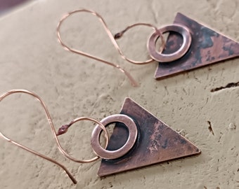 Geometric style earrings. The copper has been aged to a beautiful dark patina. Handmade artisan copper earrings.