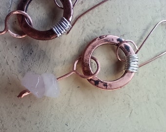 Aged copper hoops with silver wire and pretty rose quartz chips. Handmade copper earrings with a copper ear wire.