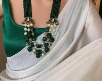 Kundan Long Necklace/ Indian Jewelry/ Ruby Lotus Necklace/ Victorian Pearl Necklace/ Indian Wedding/ Green Necklace Set/ Pakistani Jewelry