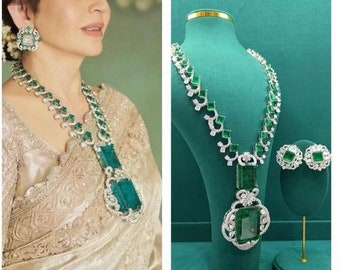 Nita Ambani necklace Bollywood style partywear necklace long necklace Diamond jewellery Indian jewellery long necklace Rani haar green set