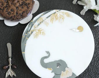 Handmade Round Marble Serving Platter, Elephant Decor, Housewarming Gift